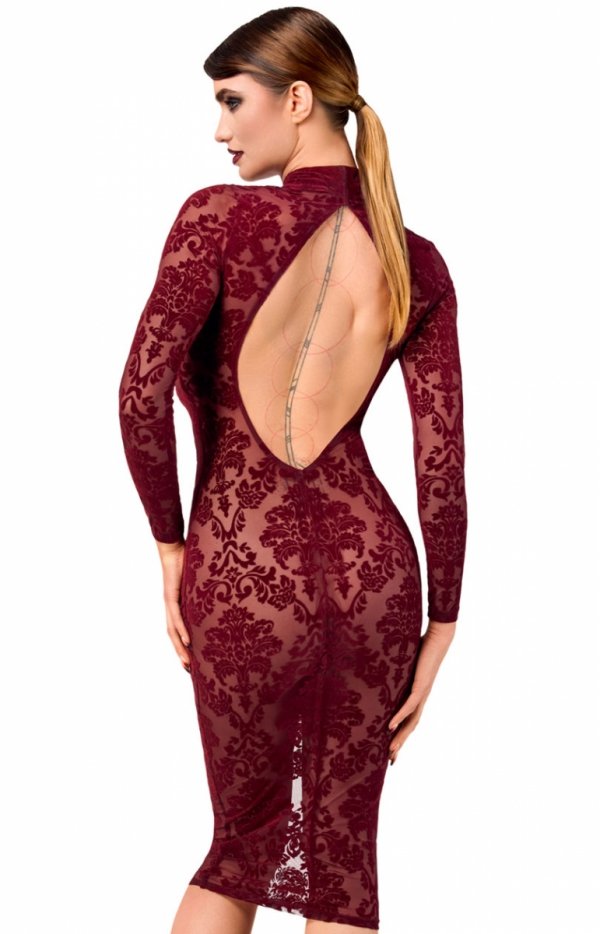 Bordowa sukienka midi F384 tył