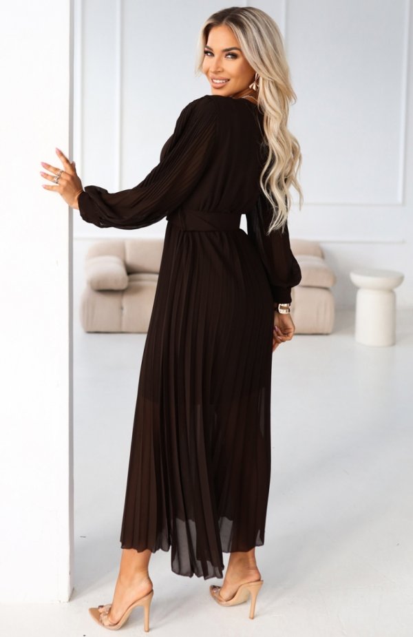 Numoco 414-11 KLARA plisowana elegancka sukienka midi z paskiem i dekoltem tył