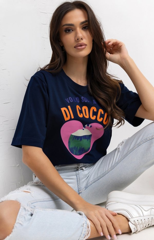 T-shirt damski z krótkim rękawem Cocco granatowy