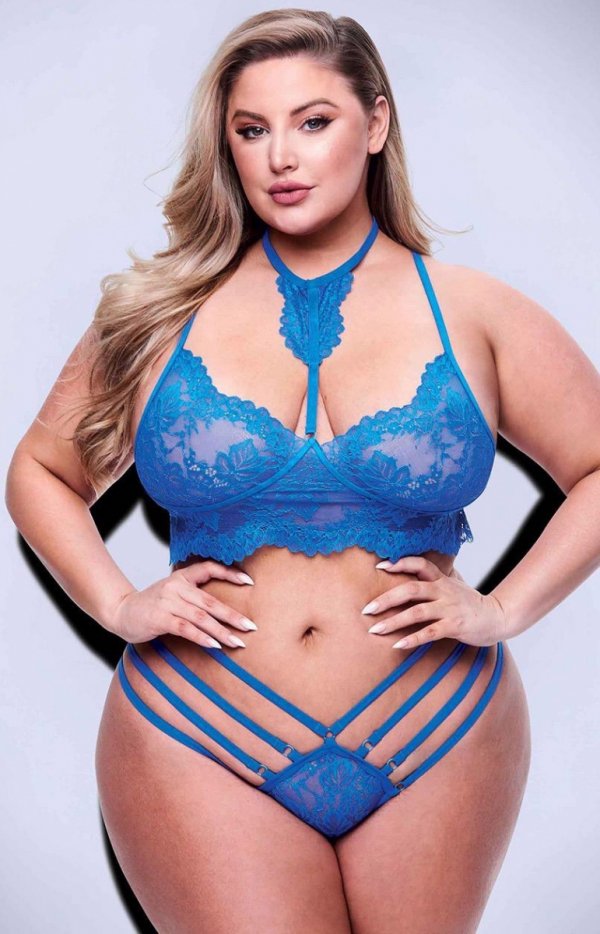 Koronkowy komplet 2-częściowy Strappy niebieski plus size