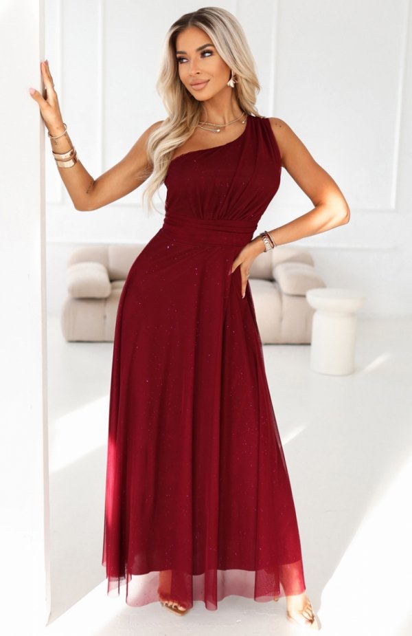 Numoco 656-1 długa błyszcząca suknia wieczorowa na jedno ramię 