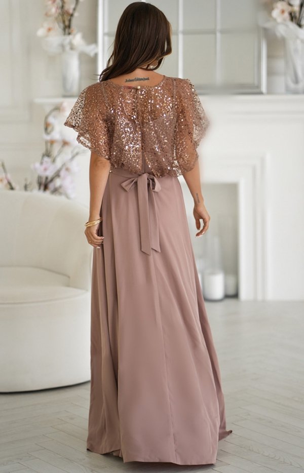 Bicotone długa sukienka z cekinowym bolerkiem camel-1