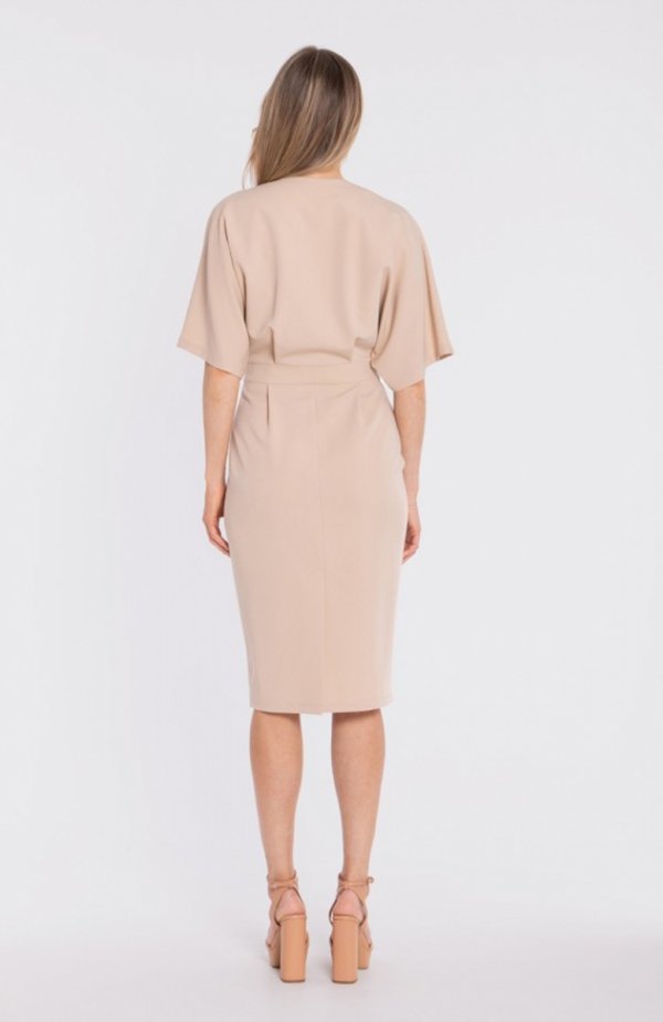 Stylove S434 sukienka midi z kopertowym dekoltem beżowa tył