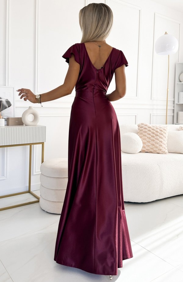 Numoco 411-10 CRYSTAL satynowa długa suknia z dekoltem tył