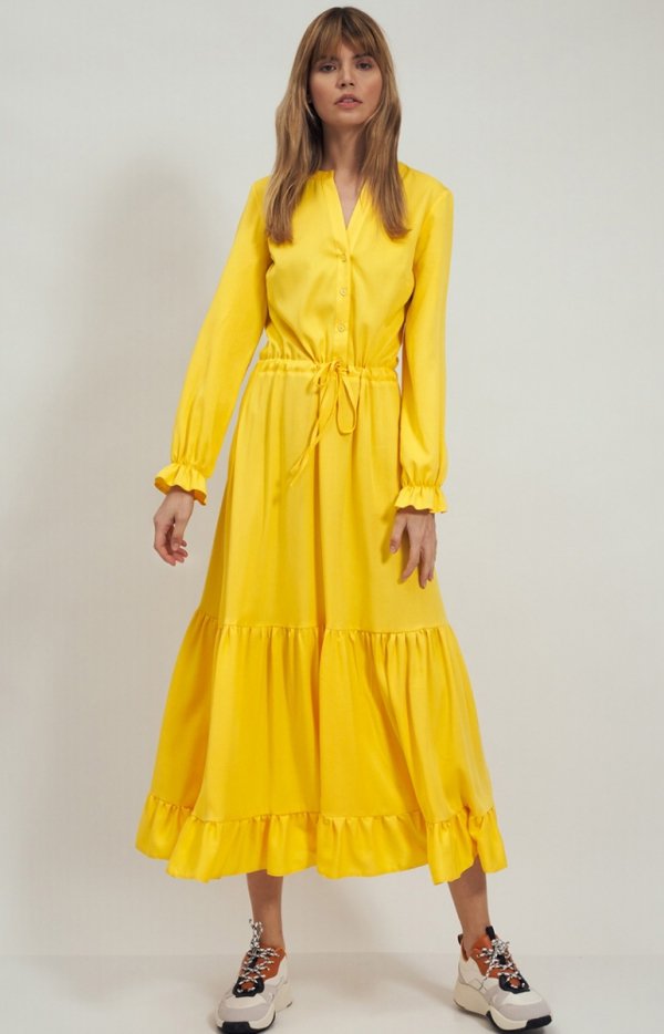 Długa sukienka żółta z falbaną s178 przód