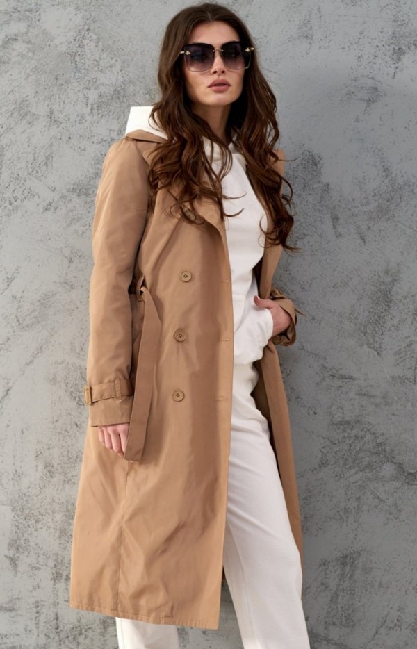 Beżowy trencz damski z paskiem-1