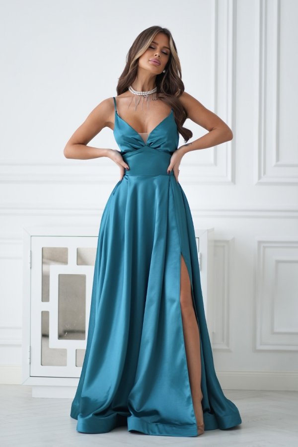 Połyskująca długa suknia wieczorowa z wiązaniem gorsetowym zielona-2