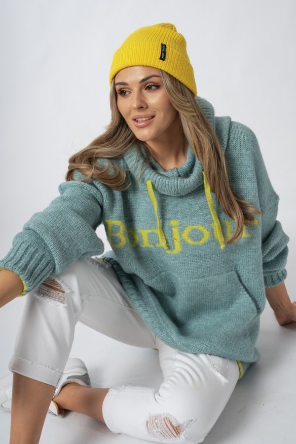 Luźny sweter damski typu bluza z kapturem Bonjour mięta-2