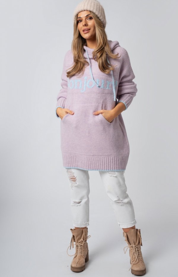 Luźny sweter damski typu bluza z kapturem Bonjour lila-2