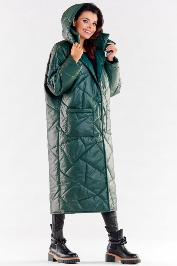 Oversizowy pikowany płaszcz zielony A541-2