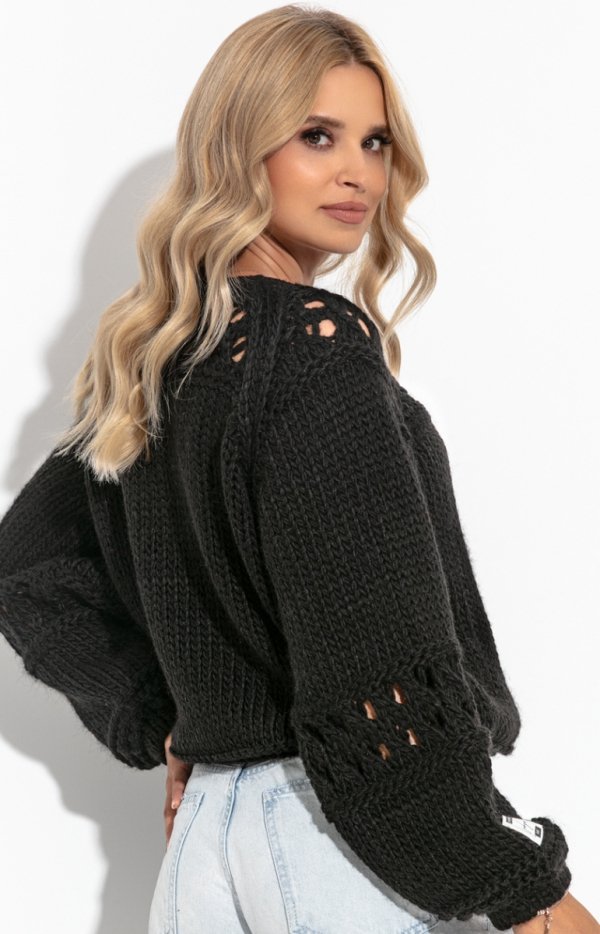 Fobya F1260 sweter chunky knit wełniany czarny tył