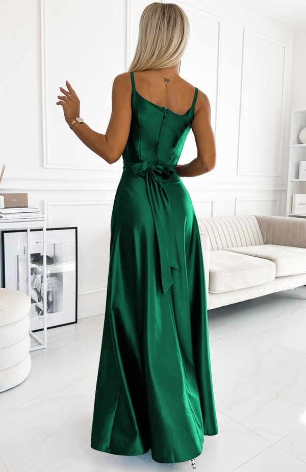 Numoco 512-1 JULIET elegancka długa satynowa suknia z dekoltem tył
