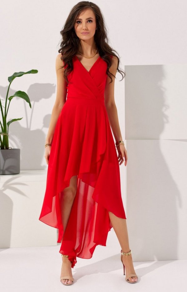 Szyfonowa sukienka z asymetrycznym przodem 0294 czerwona-1