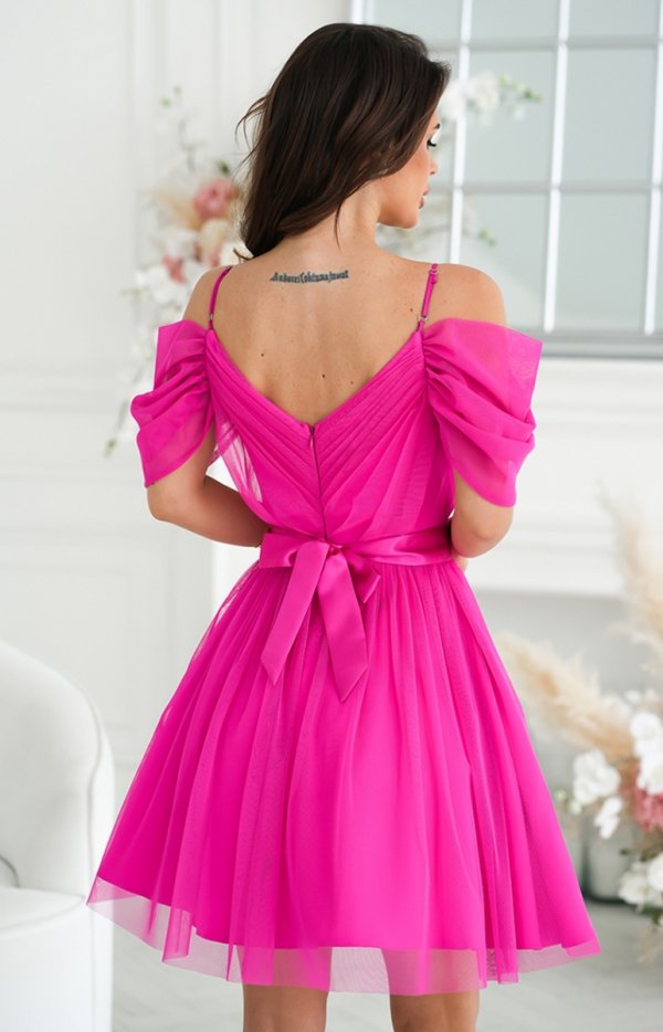 Bicotone rozkloszowana sukienka hiszpanka różowa tył