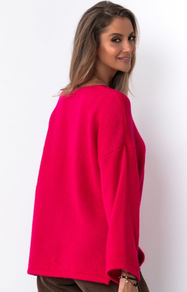 Fobya F1469 sweter damski z dekoltem różowy tył