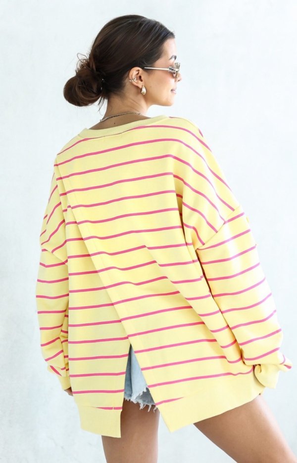 Oversizowa bluza damska w paski żółty Flowy tył