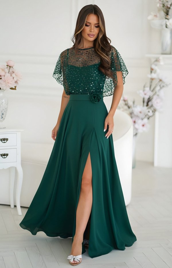 Bicotone długa sukienka z cekinowym bolerkiem zielona