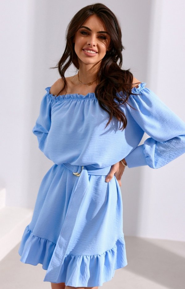 Sukienka hiszpanka z falbaną i regulowanym paskiem błękitna-1