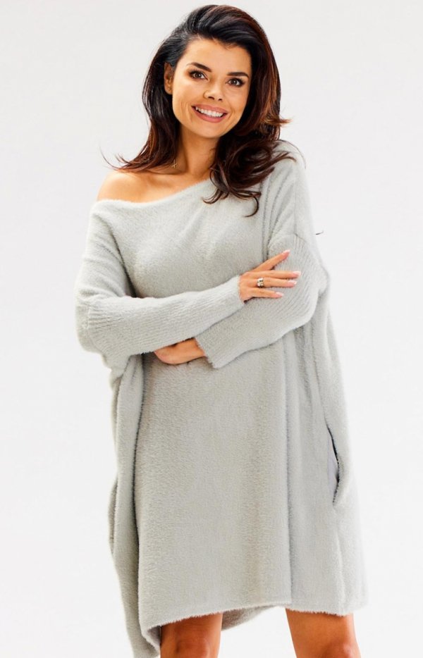 Awama A618 oversizowa sukienka sweterkowa szara