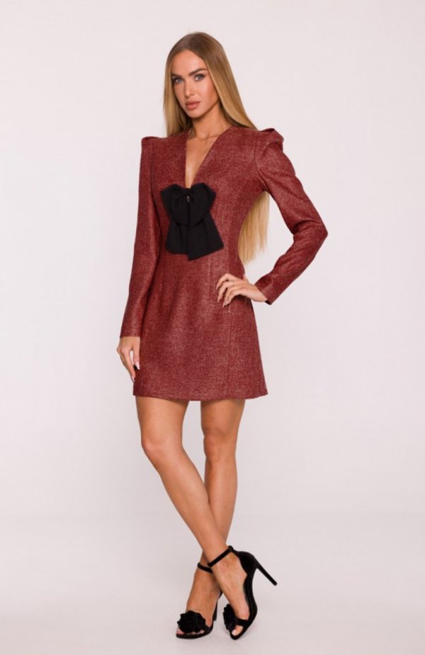 Moe sukienka tweedowa z kokardą szyfonową bordowa M869 
