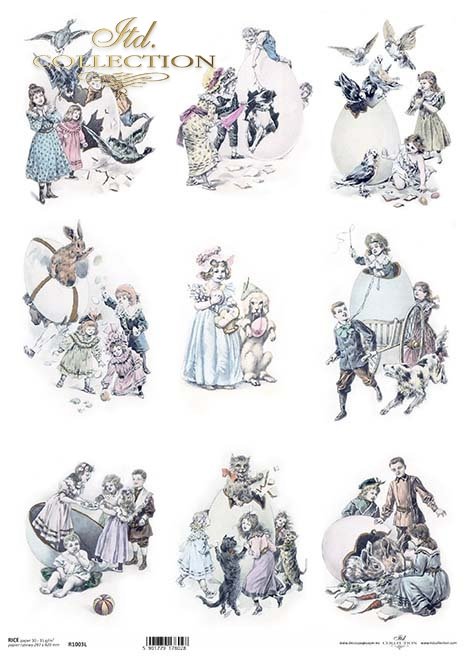 vintage dzieci z zwierzakami, zabawa, Wielkanoc, ptaki, zające, psy*vintage children with animals, fun, easter, birds, hares, dogs*Jahrgang Kinder mit Tieren, Spaß, Ostern, Vögel, Hasen, Hunde*vintage niños con animales, diversión, pascua, pájaros, liebre
