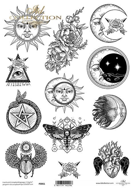 Pergamin do scrapbookingu, symbole, księżyc, ćma, skarabeusz, płonące serce, pentagram, słońce