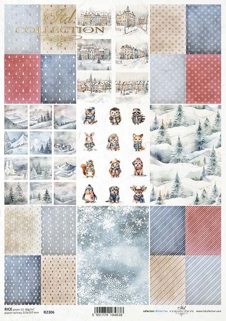 motywy tapetowe, wzorki, romby, paski, śnieżynki, choinki, widoczki, budynki, zwierzaki w zimowych strojach*wallpaper motifs, patterns, rhombuses, stripes, snowflakes, Christmas trees, views, buildings, animals in winter outfits*Tapetenmotive, Muster, Rau