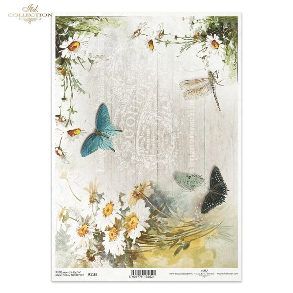 kwiaty, rumianek, rumianki, łąka, motyle, ważka, deski, deska, motywy kwiatowe, drewniana podłoga, retro, flowers, camomile, meadow, butterflies, dragonfly, boards, floral motifs, wooden floor, Blumen, Kamille, Wiese