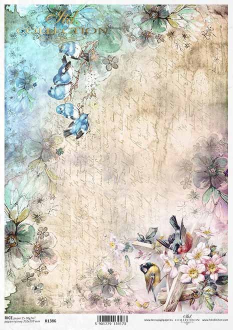 Papel de decoupage de primavera, pájaros, flores*Frühlings-Decoupage-Papier, Vögel, Blumen*Весенняя декупаж бумага, птицы, цветы