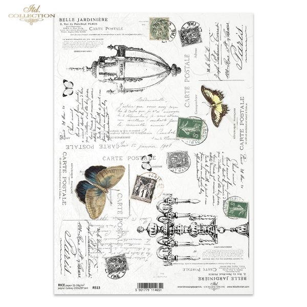 Retro, Vintage, old lettering, handwriting, postcards, stamps, postmarks, Paris, butterflies