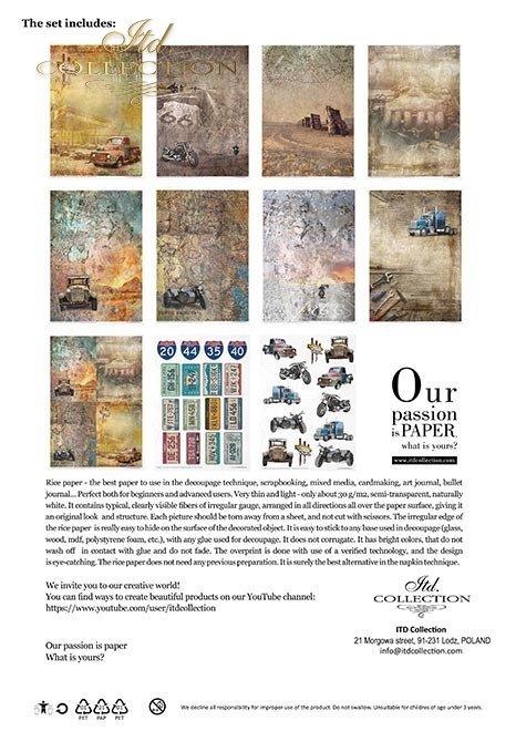 Zestaw papierów ryżowych - Legendarna Droga 66*Rice paper set - Legendary Route 66*Reispapier-Set - Legendäre Route 66*Juego de papel de arroz - La legendaria Ruta 66
