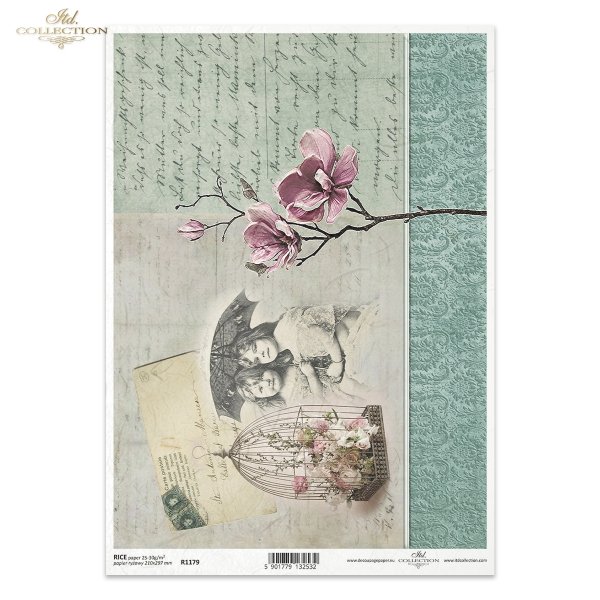 stara pocztówka, dzieci, klatka dla ptaków, magnolia, kwiaty magnolii, list, ornament roślinny, dekor, parasolka, retro, old postcard, children, birdcage, magnolia flowers, letter, floral ornament, decor, umbrella, alte Postkarte