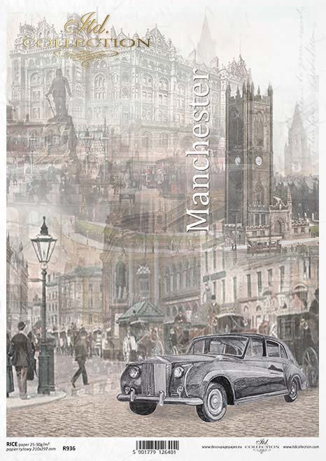 Manchester, Anglia, samochód, latarnia, architektura miast, zabytek, zabytki, pomnik, ulica, retro, autorka grafiki Magda Stanczew, R936, England, car, lighthouse, city architecture, monument, memorial, street, Auto, Leuchtturm, Stadtarchitektur, Denkmal,