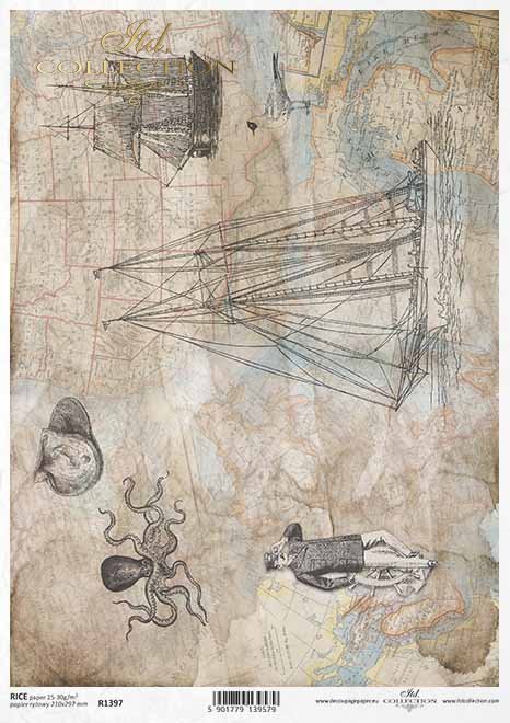 mapa de papel decoupage, velero, motivos náuticos*Decoupage Papierkarte, Segelschiff, nautische Motive*карта декупажа, парусник, морские мотивы