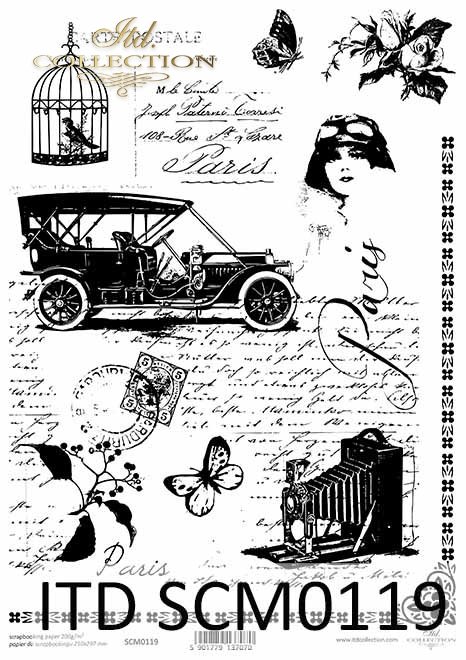 Papier scrapbooking Vintage, stare pismo, samochód, klatka dla ptaków *Vintage scrapbooking paper, old letter, car, birdcage