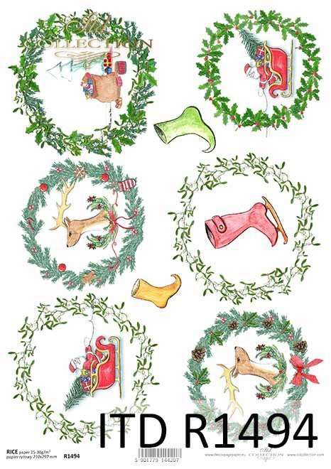 Boże Narodzenie, świąteczne wieńce, Mikołaj, motywy na bombki, buty skrzata*Christmas, Christmas wreaths, Santa Claus, motifs for Christmas balls, gnomes shoes
