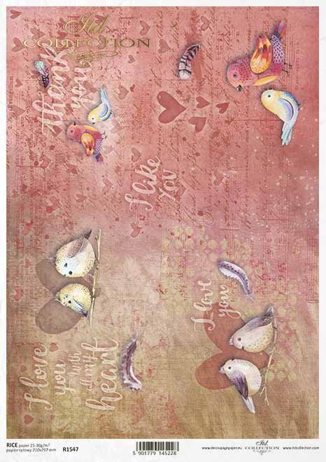 Valentines Decoupage Papier, Vögel, Inschriften*San Valentín decoupage papel, pájaros, inscripciones*Валентина декупаж бумага, птицы, надписи