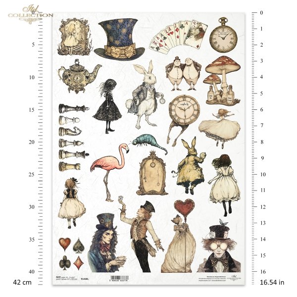 Baśniowe elementy, szachy, Alicja, dziewczynka, Kapelusznik, symbole kart, Biały Królik, kapelusz, karty, zegarek, filiżanka, flaming, gąsienica*Fairy tale elements, chess, Alice, girl, Hatter, card symbols, White Rabbit, hat, cards, watch, cup, flamingo,