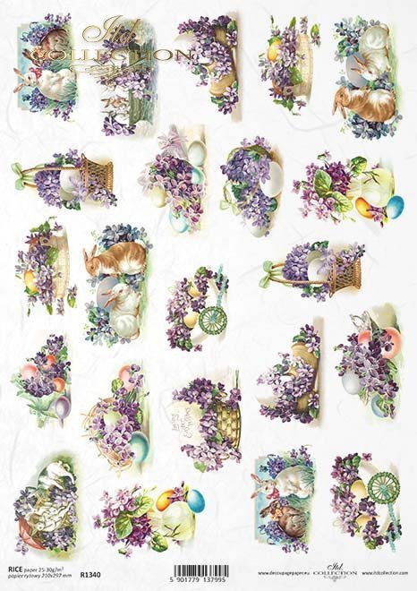 papel de decoupage de arroz Pascua, violetas, conejitos*Reis Decoupage Papier Ostern, Veilchen, Hasen*Пасха, фиалки, кролики