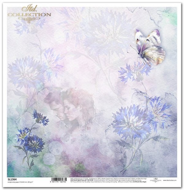 Summer Love Story - akwarelowe tło, kwiaty, owady, chabry, zakochana para, motyl*watercolour background, flowers, insects, cornflowers, couple in love, butterfly