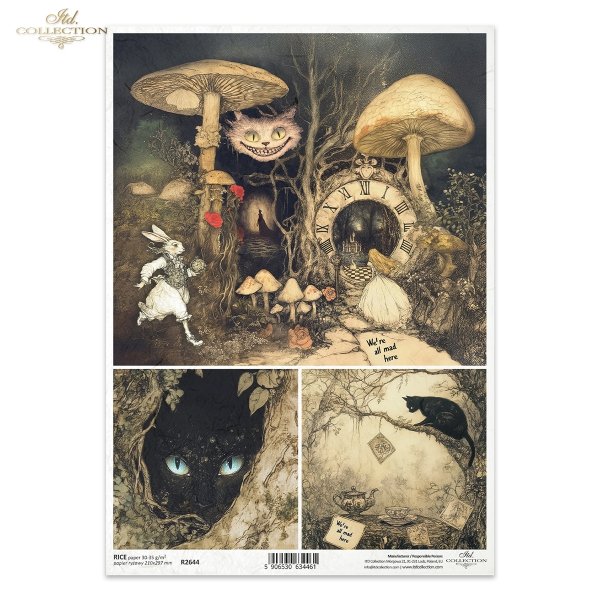 Biały Królik, mroczny las, baśniowe kompozycje, grzyby, kot, oczy kota, napisy*White Rabbit, dark forest, fairy tale compositions, mushrooms, cat, cat's eyes, lettering*Weißes Kaninchen, dunkler Wald, märchenhafte Kompositionen, Pilze, Katze, Katzenaugen
