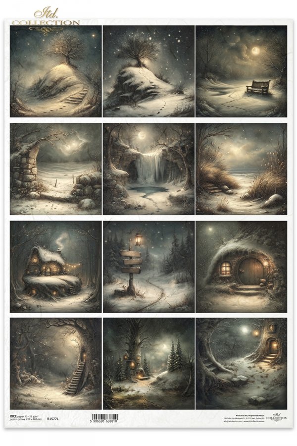 Mouse World - Winter Journey * Świat Myszek - Zimowa Wyprawa - domki, nory, drogowskaz Zima, śnieg, mróz, noc, krajobraz, pejzaż, ilustracje, fantasy, baśniowe, magiczne, księżyc, gwiazdy, drzewa, wzgórze, schody, nagi, ławka, kamienie, łuk, wodospad, tra