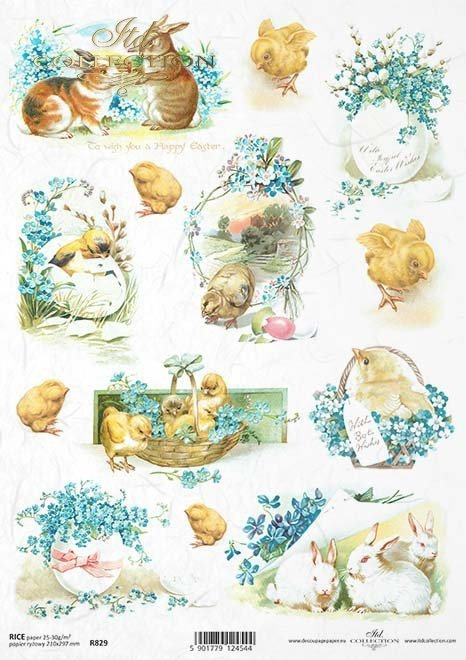 Wielkanoc, tematy wielkanocne, wiosna, kurczaczki, kurczaki, pisklęta, bazie, koszyczki, Vintage, retro, jajka, niezapominajki, królik, wieś, R829, Easter, easter themes, spring, chickens, chickadees, chicks, baskets, Vintage, retro, eggs, forget-me-nots,