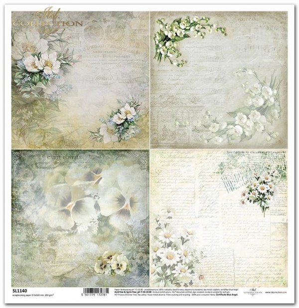 Seria Flower Post - White*kwiaty owocowe, bratki, konwalie, rumianek, napisy, pismo, nuty*Flower Post Series - White*Fruity flowers, pansies, lily of the valley, chamomile, inscriptions, writing, notes