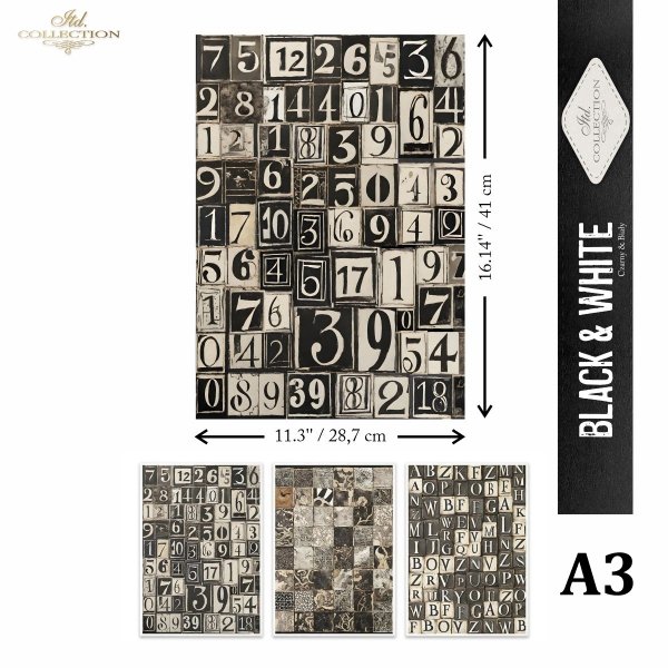 seria Black &amp; White - Czarny &amp; Biały, geometyczne czarno-białe wzory, cyfry, litery*Mulberry Decoupage Paper FPA3009 Black &amp; White Series - Black &amp; White, geometric black and white patterns, numbers, letters*Papel para decoupage Mulberry