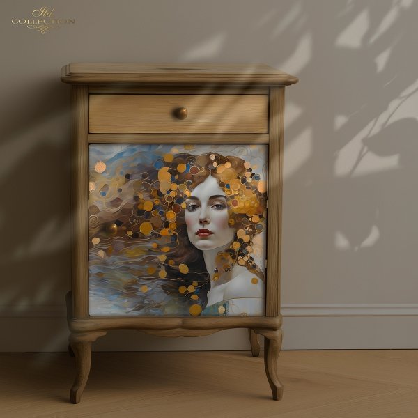 Papier decoupage morwowy FPA2002, Seria Inspired by Klimt, kobiety, zloto, dekoracyjne wzory, kamienie szlachetne, mozaiki, motywy secesyjne * Mulberry decoupage paper FPA2002, women, gold, decorative patterns, gemstones, mosaics, Art Nouveau motifs