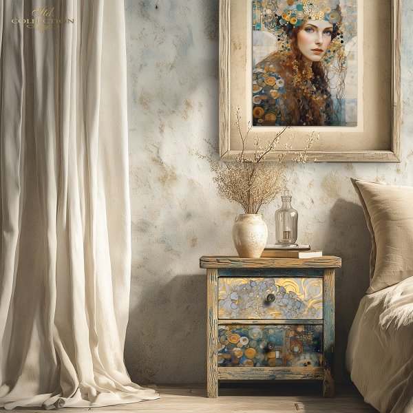 Papier decoupage morwowy FPA3004, Seria Inspired by Klimt, kobiety, zloto, dekoracyjne wzory, kamienie szlachetne, mozaiki, motywy secesyjne * Mulberry decoupage paper FPA3004, women, gold, decorative patterns, gemstones, mosaics, Art Nouveau motifs *Pape