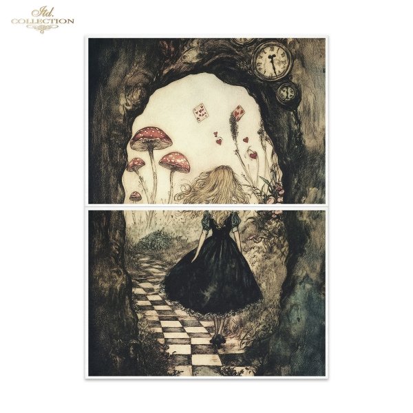 Papier morwowy decoupage FPA2030 seria Czary Alicji - Alicja, karty, szachy, grzyby, baśniowe kompozycje* Mulberry decoupage paper FPA2030 Alice's Magic series - Alice, cards, chess, mushrooms, fairy-tale compositions* Papel decoupage morera FPA2030 Seri