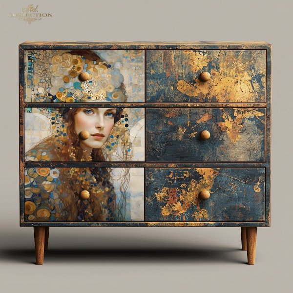 Papier decoupage morwowy FPA1011, Seria Inspired by Klimt, kobiety, zloto, dekoracyjne wzory, kamienie szlachetne, mozaiki, motywy secesyjne * Mulberry decoupage paper FPA1011, women, gold, decorative patterns, gemstones, mosaics, Art Nouveau motifs *Pape