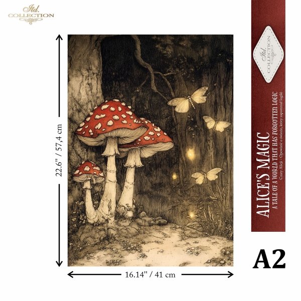 Papier morwowy decoupage FPA2033 seria Czary Alicji - mroczny las, grzyby, muchomory, świetliki, baśniowe kompozycje* Mulberry decoupage paper FPA2033 Alice's Magic series - dark forest, mushrooms, toadstools, fireflies, fairy-tale compositions* Papel de